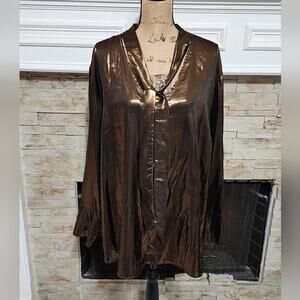 Rebel Wilson liquid bronze Metallic tied neck button down‎ LS PARTY blouse 3X